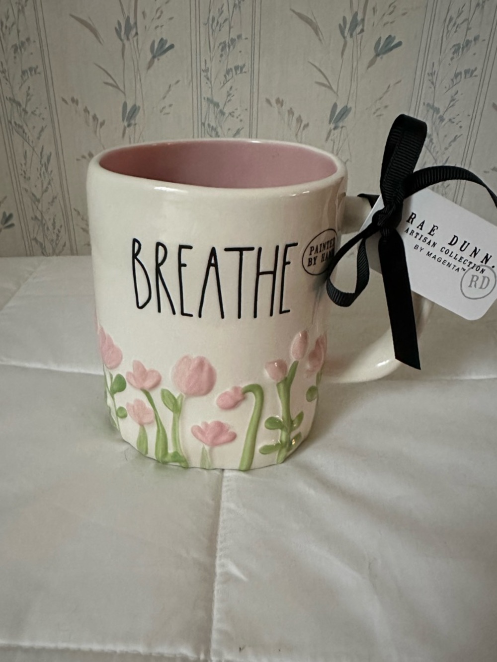 Rae Dunn BREATHE Mug with Pink Flowers and Pink Interior